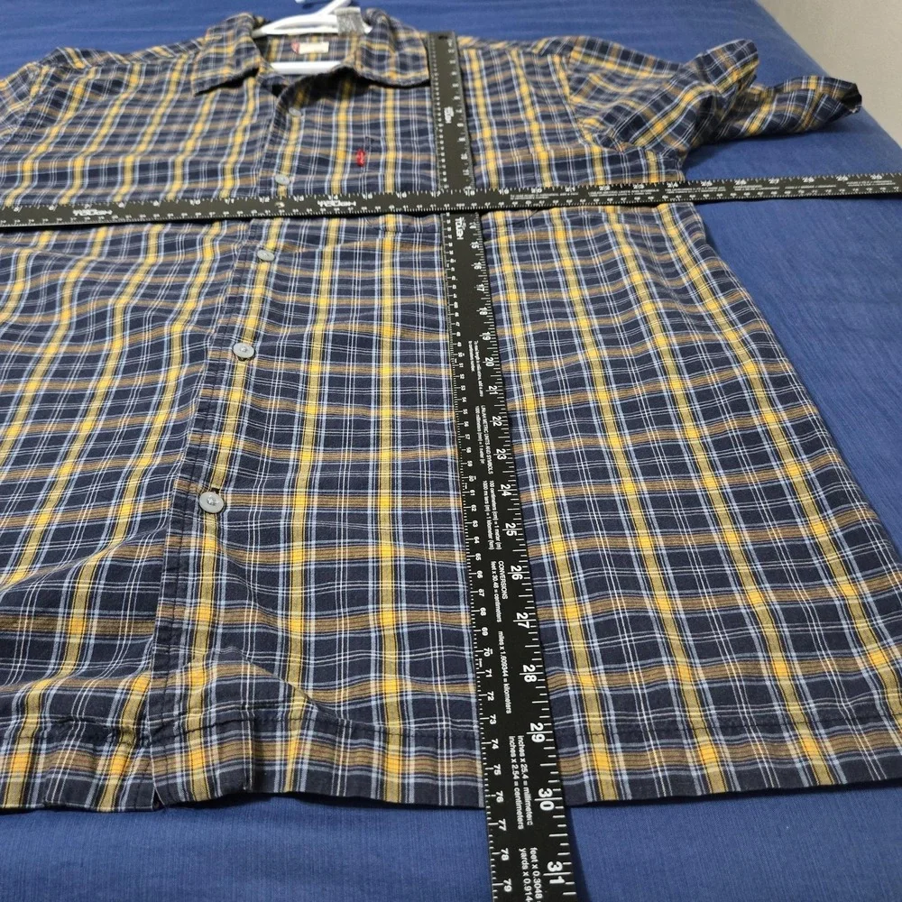 Levi's Shirt Mens Large Blue Yellow Plaid 100% Cotton Relaxed Fit Short Sleeve‎